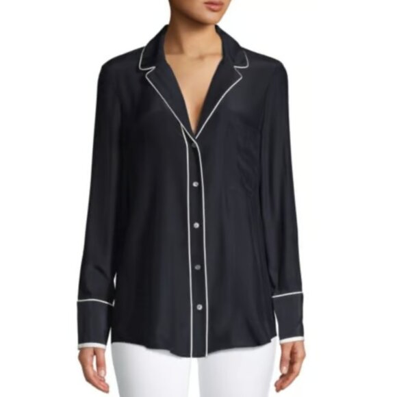 FRAME Black Silk Pajamas Style Lapel Collar Button Up Shirt Large Reg. $285 - Picture 3 of 11